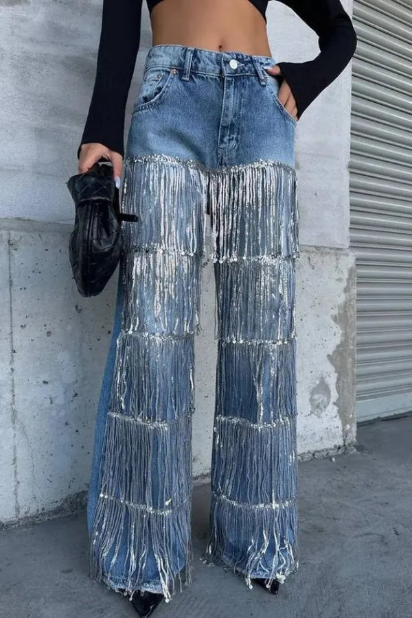 High-waisted Pocket Tassel Casual Straight Leg Jeans