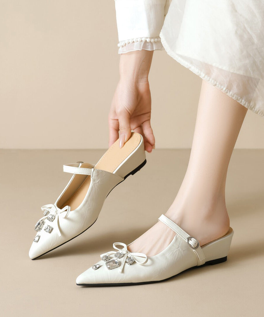 Apricot Faux Leather Splicing Slide Sandals Pointed Toe Zircon