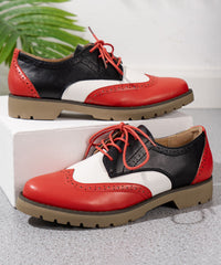 Red Lace Up Splicing Faux Leather Chic Hollow Out Flats Shoes