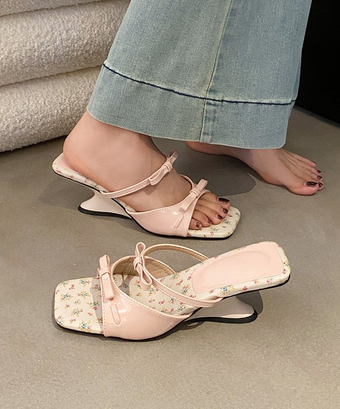 French Red Bow Splicing Faux Leather Wedge Slide Sandals