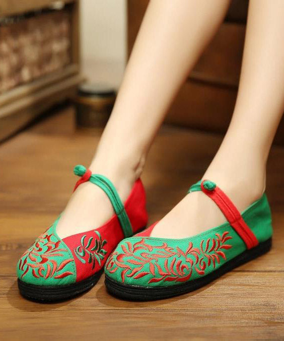 Green Flat Shoes Embroideried Cotton Fabric Splicing Flat Shoes