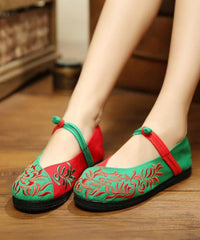Green Flat Shoes Embroideried Cotton Fabric Splicing Flat Shoes
