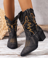 Vintage Black Embossed Boots Splicing Cowboy Chunky Boots
