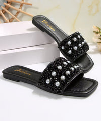 French Nail Bead Splicing  Black Faux Leather Slide Sandals
