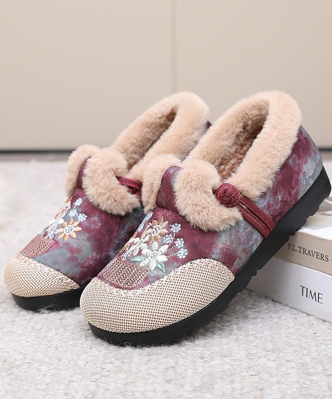 Comfy Embroidery Flat Feet Shoes Red Fuzzy Wool Lined