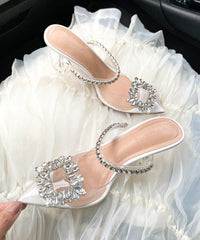 Silver Clear High Heel Sandals Pointed Toe Unique Splicing Zircon