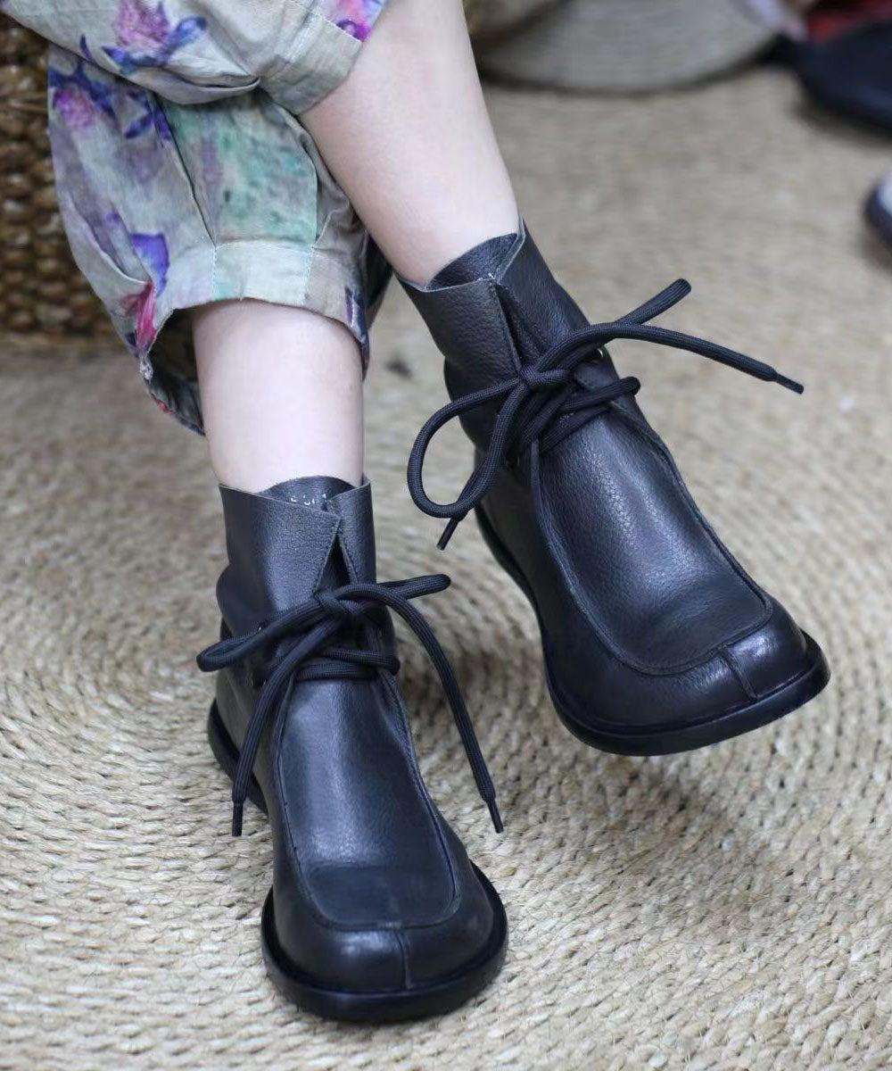 Cross Strap Splicing Boots Brown Soft Cowhide Leather