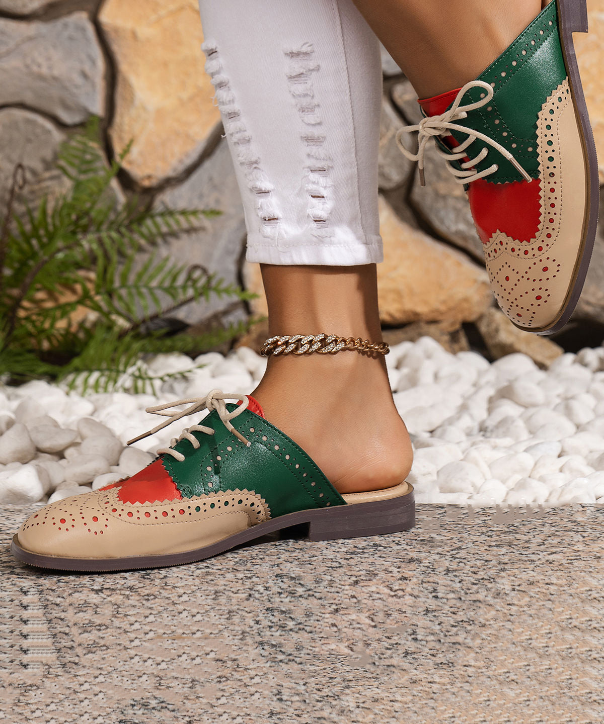 Red Lace Up Faux Leather Walking Low Heel Sandals