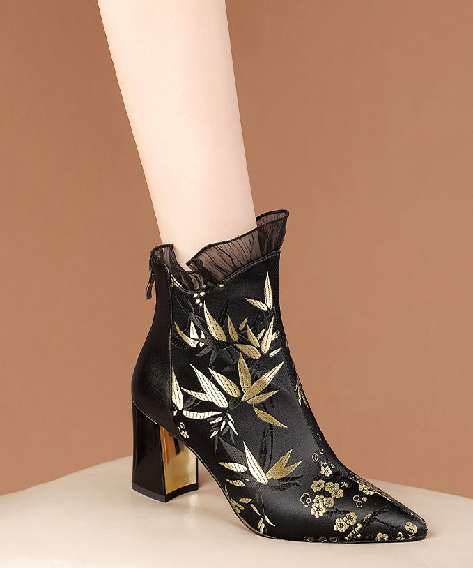 Black Embroidered Silk Splicing Cowhide Leather Chunky Boots