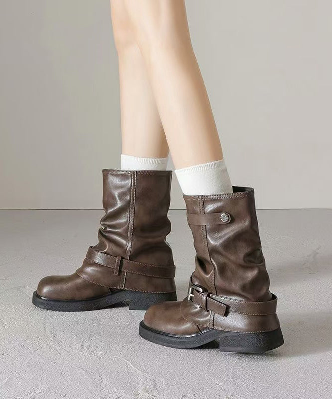 Brown Chunky Faux Leather Splicing Boots