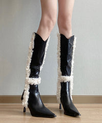 Black Stiletto Faux Leather Teddy Splicing Boots