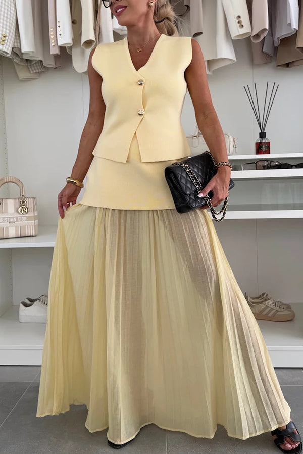 Elegant Knit Spliced Tulle Elastic Waist Pleated Maxi Skirt