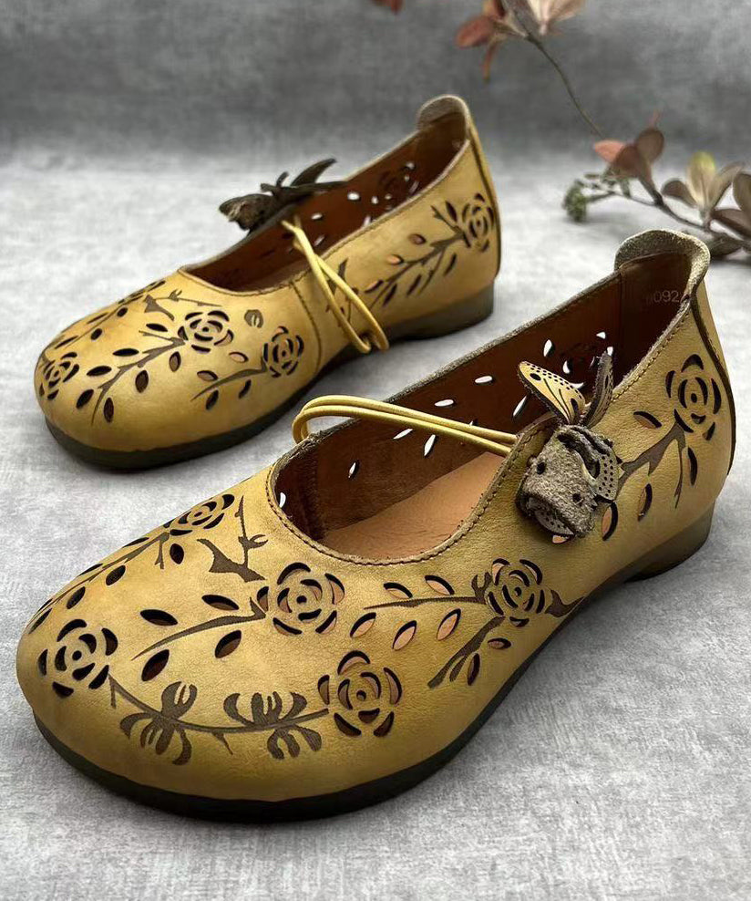 Green Hollow Out Genuine Leather Flat Feet Shoes