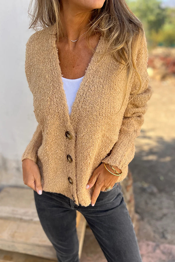 Solid Color V-neck Long-sleeved Knitted Cardigan