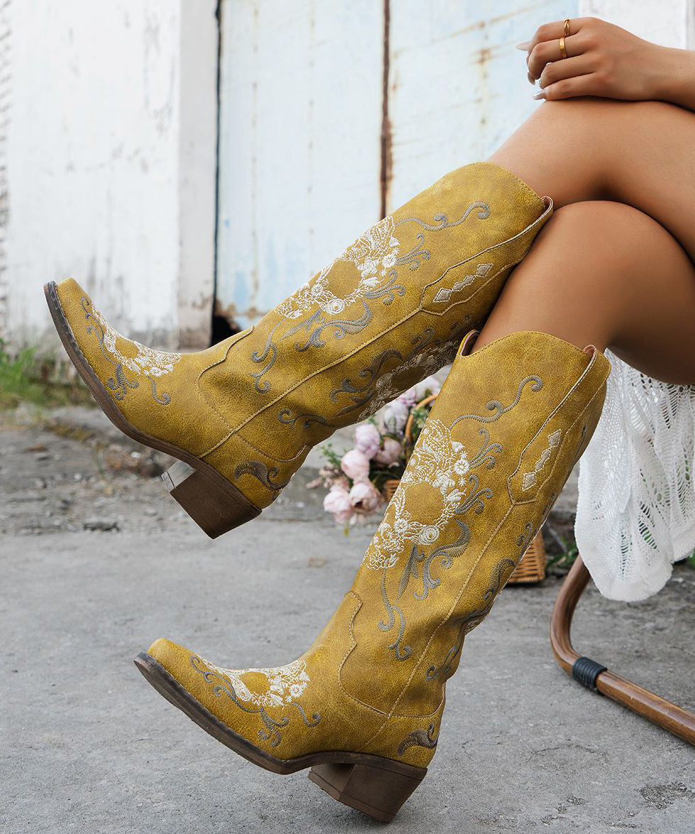 Yellow Pointed Toe Embroidery Faux Leather Chunky Boots
