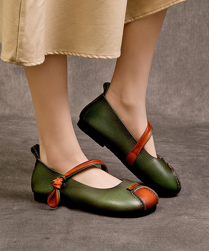 Retro Green Cowhide Leather Splicing Flat Feet Shoes Buckle Strap