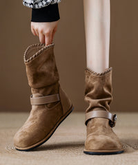 Brown Suede Wrinkled Splicing Boots