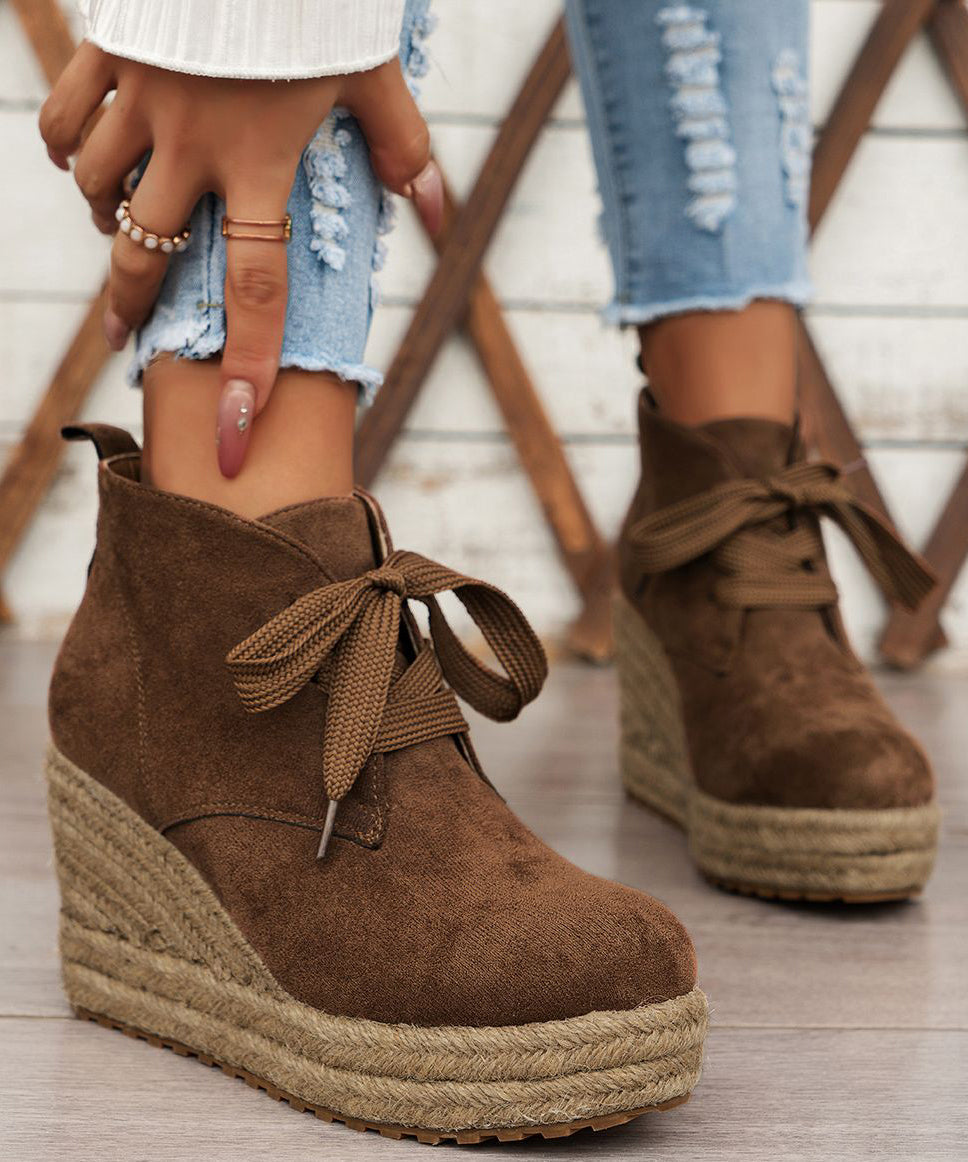 Brown Boots Lace Up Solid Suede Straw Woven Wedge Heels Boots