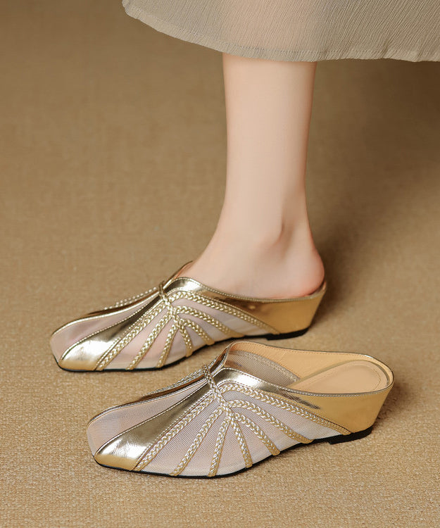 Black Wedge Sheepskin Art Splicing Tulle Slide Sandals