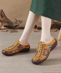 Brown Embossed Cross Strap Splicing Cowhide Leather Flat Shoes