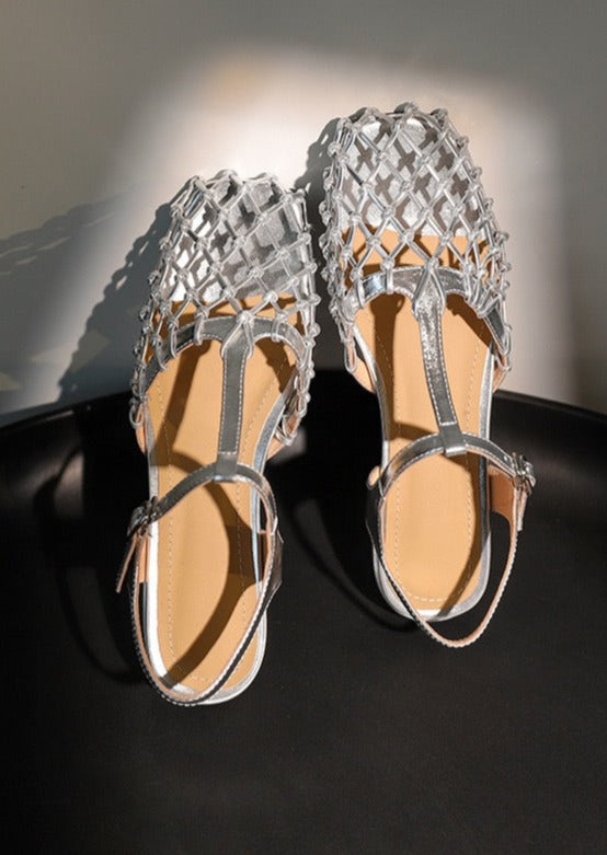 French Hollow Out Buckle Strap Silver Sandals