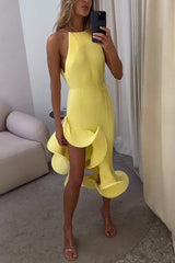 Butter Pleated  Sleeveless Waist Tie Irregular Ruffle Dimensional Hem Midi Dress