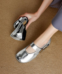 Silver Wedge Shoes Cowhide Leather Retro Splicing Buckle Strap