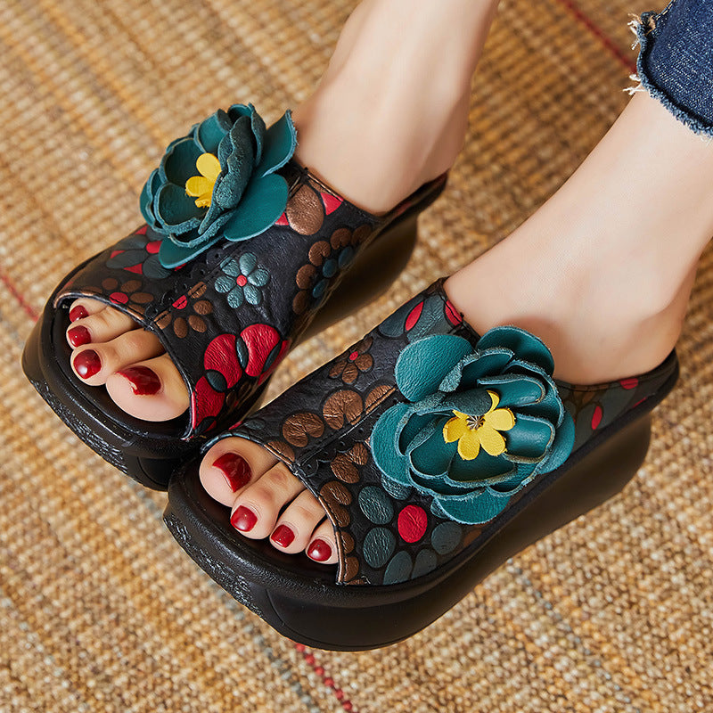 Leather Vintage Wedge Slippers