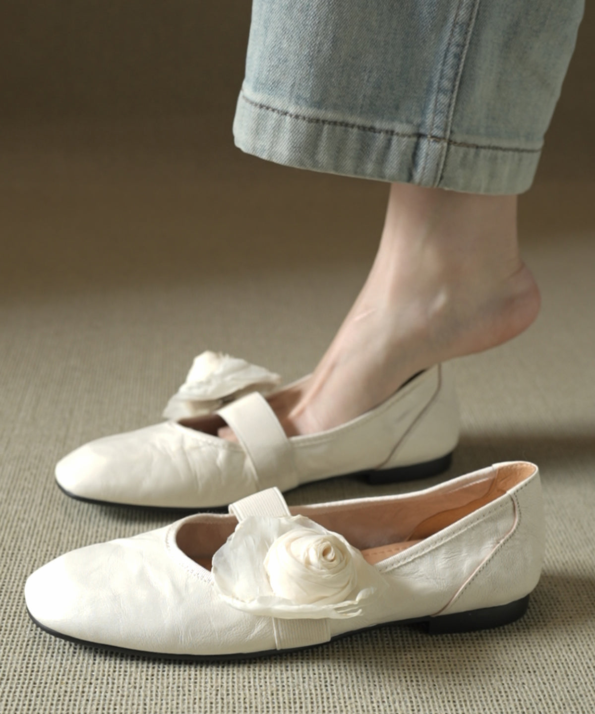 Women Floral Splicing Flats Brown Cowhide Leather