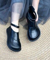 Retro Comfy Black Cowhide Leather Splicing Boots