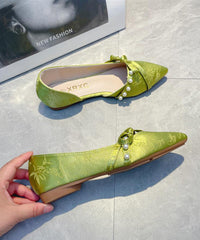 Handmade Splicing Flat Feet Shoes Green Bow Nail Bead
