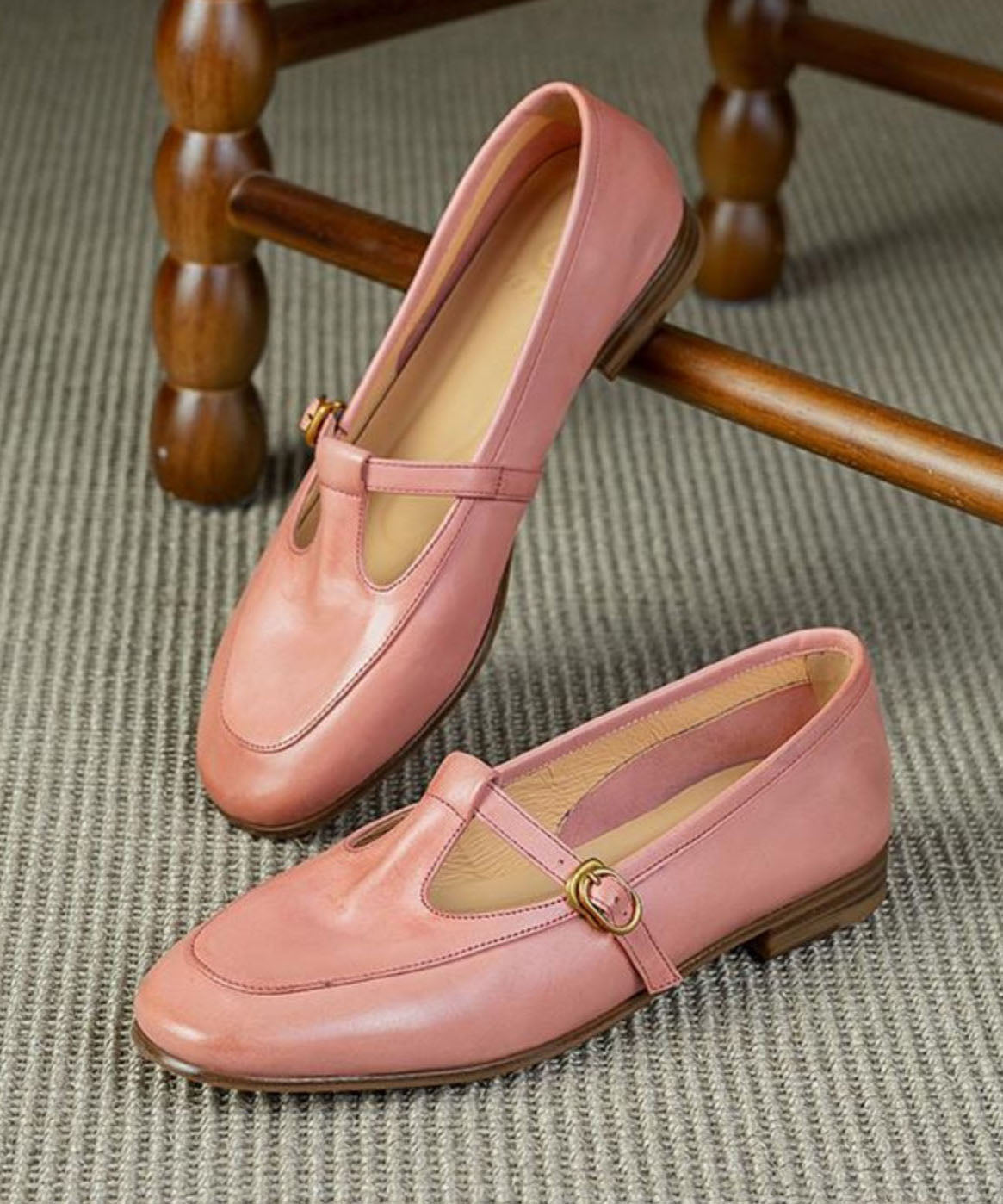 Boutique Pink Cowhide Leather Splicing Flat Shoes Buckle Strap