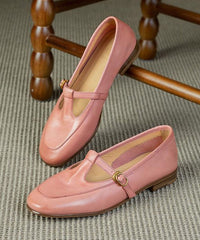 Boutique Pink Cowhide Leather Splicing Flat Shoes Buckle Strap