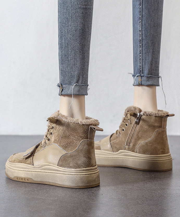 Lace Up Splicing Platform Boots Khaki Faux Leather Fuzzy Wool Lined