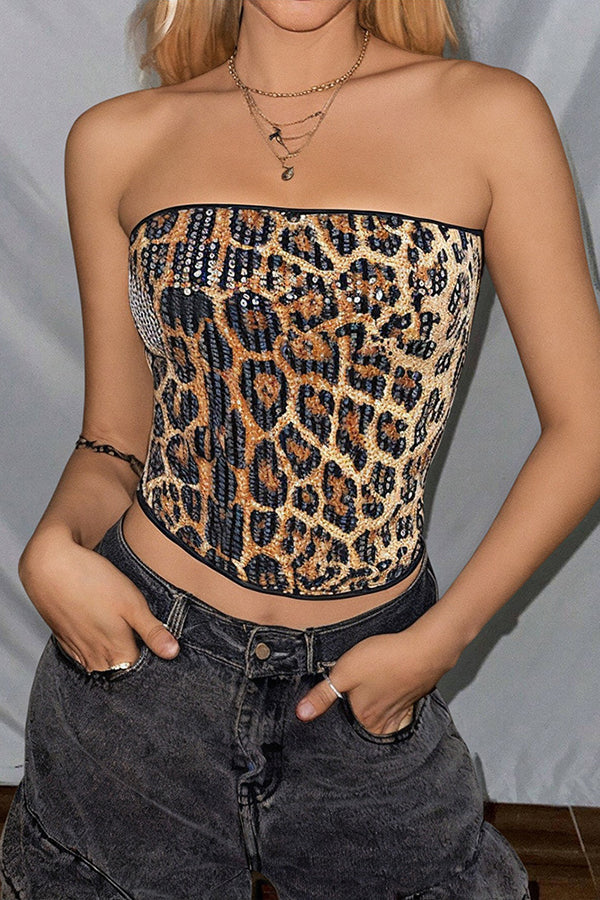 Sequined Leopard Print Off-shoulder Fitted Crop Top