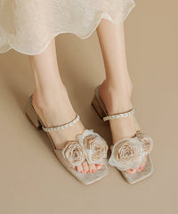 Brown Cowhide Leather Floral Splicing Chic Slide Sandals Peep Toe