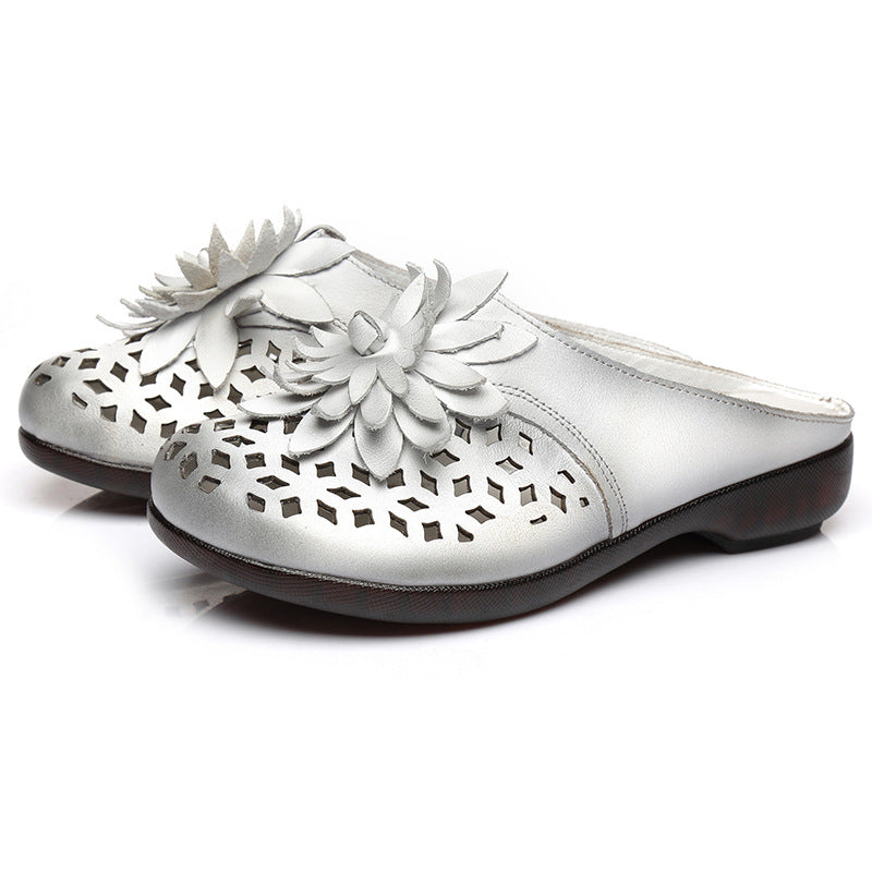 Hollow Leather Floral Casual Slippers