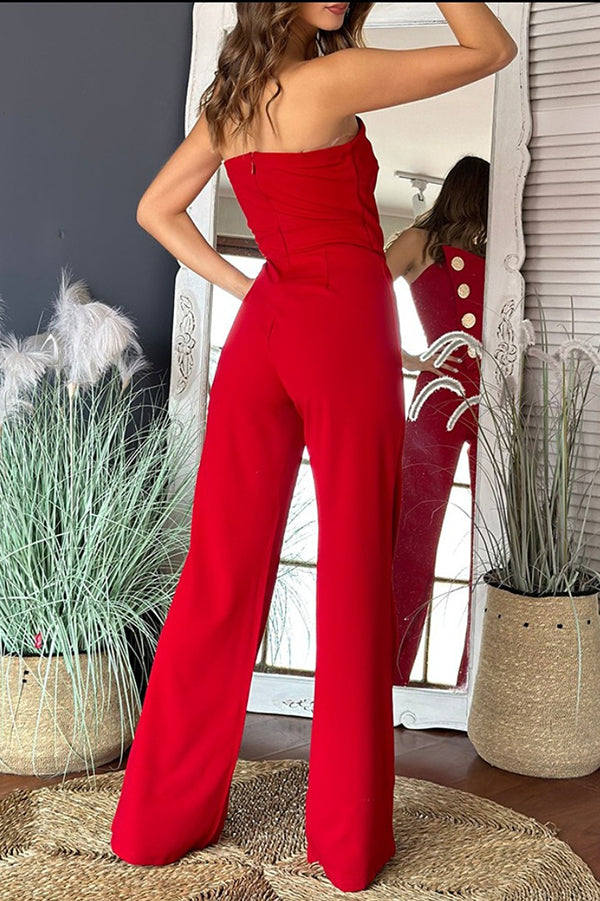 Solid Color Tube Top Gold Button Embellished Bootcut Jumpsuit