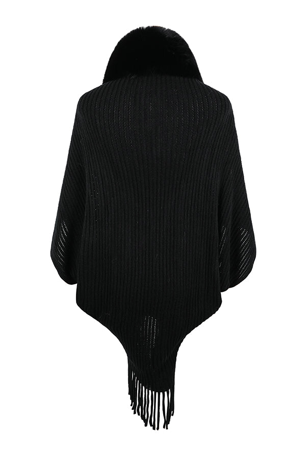 Fur Collar Tassel Hem Knitted Shawl Cape