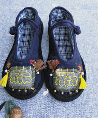 Handmade Navy Tassel Splicing Cotton Fabric Flat Feet Shoes