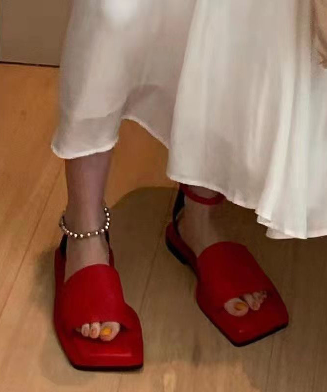 Red Faux Leather Flat Sandals Peep Toe Buckle Strap