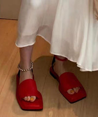 Red Faux Leather Flat Sandals Peep Toe Buckle Strap