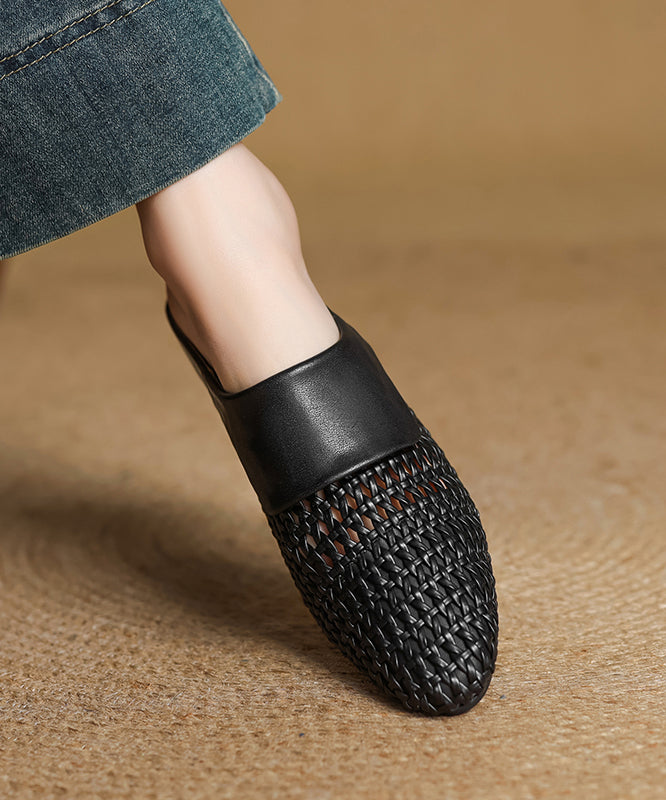 Classy Splicing Hollow Out Breathable Black Sheepskin Slide Sandals