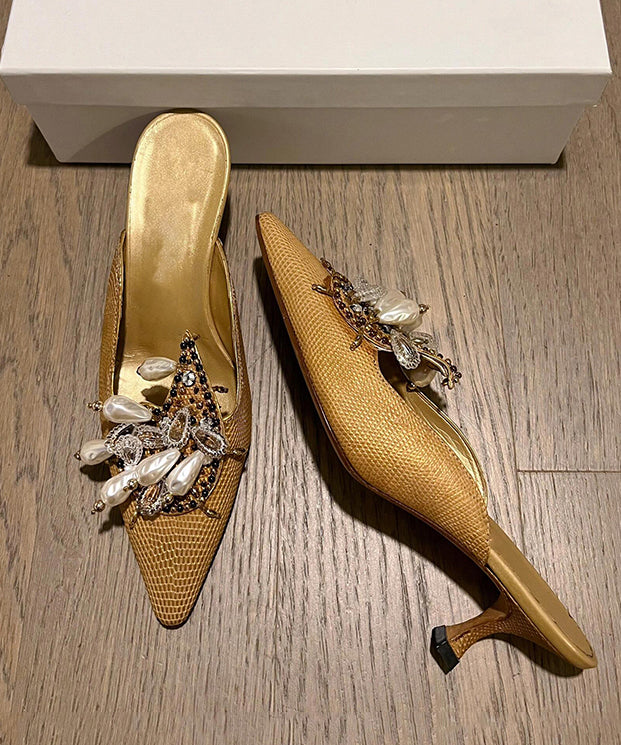 Golden Slide Sandals French Pointed Toe Bead Decorated