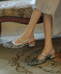 Gold Square Toe Chunky Heel Buckle Strap Sequins Sandals