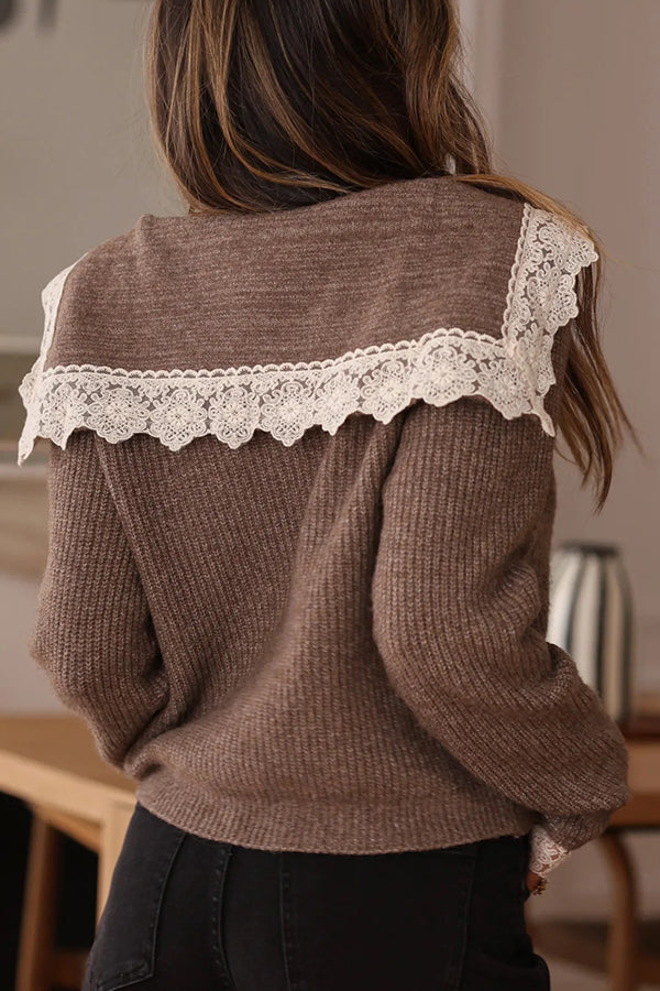 Lace-trimmed Sailor Collar Casual Knit Cardigan