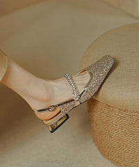French Versatile Rhinestone Sequin Square Toe Chunky Sandals