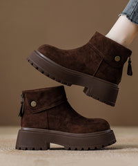 Comfy Coffee Zippered Splicing Chunky Ankle Boots
