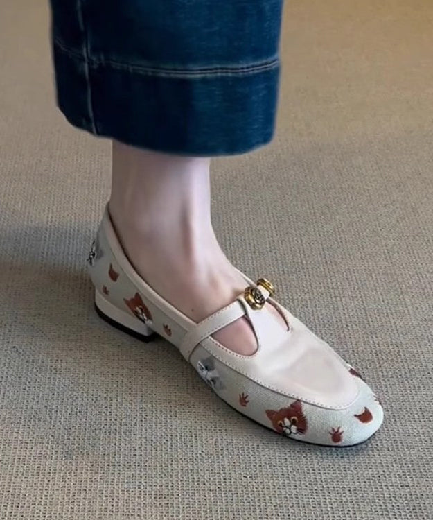 Beige Faux Leather Flat Shoes Hollow Out Embroidered