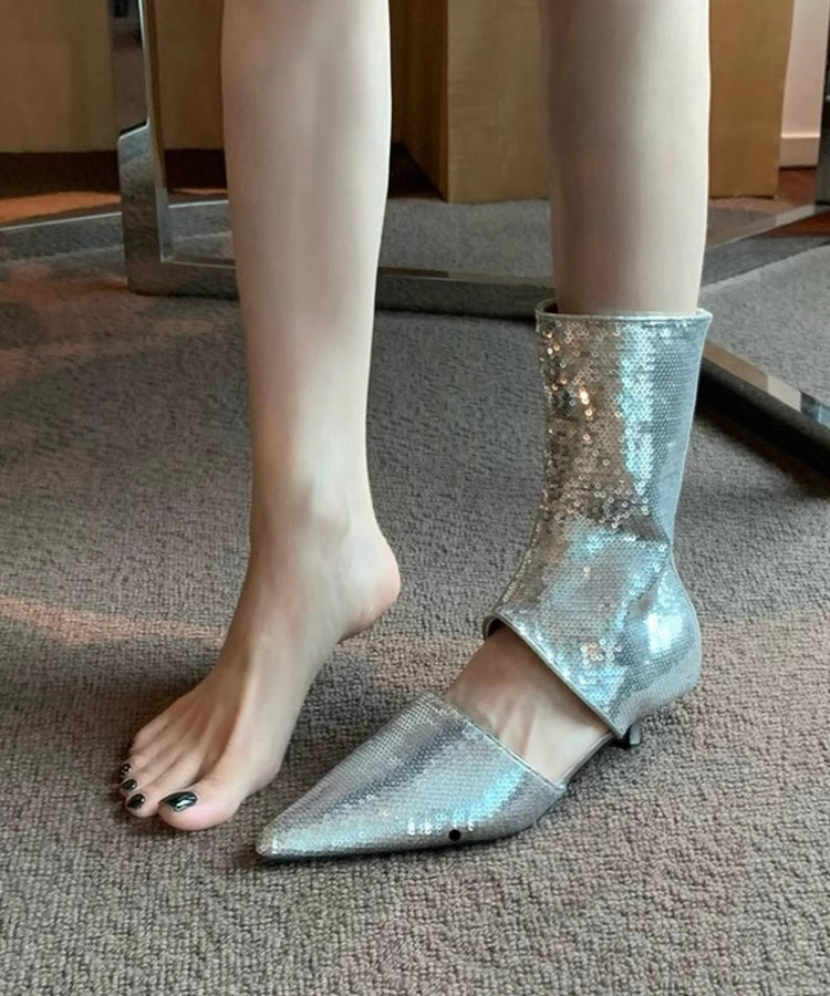 Stylish Silver Sequins Hollow Out Pointed Toe Sandals Boots